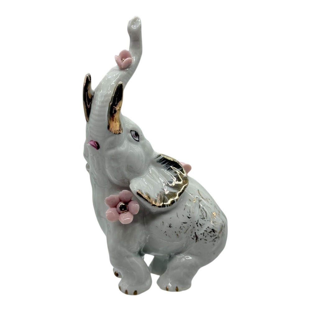 Unbranded Elephant Figurine White Ceramic Pink Flowers Gold Accent Good Luck